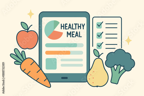 Healthy Meal Planning App with Fruits and Vegetables Illustration.