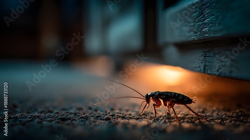 Creepy silhouette of a cockroach hiding under a kitchen cabinet illuminated by warm under-cabinet lighting, creating a mysterious mood.