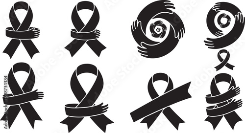 Black awareness ribbons and symbols for support and causes