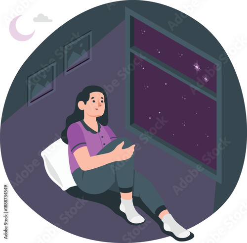 Woman relaxing on bed at night, looking at stars through window, enjoying peaceful evening atmosphere