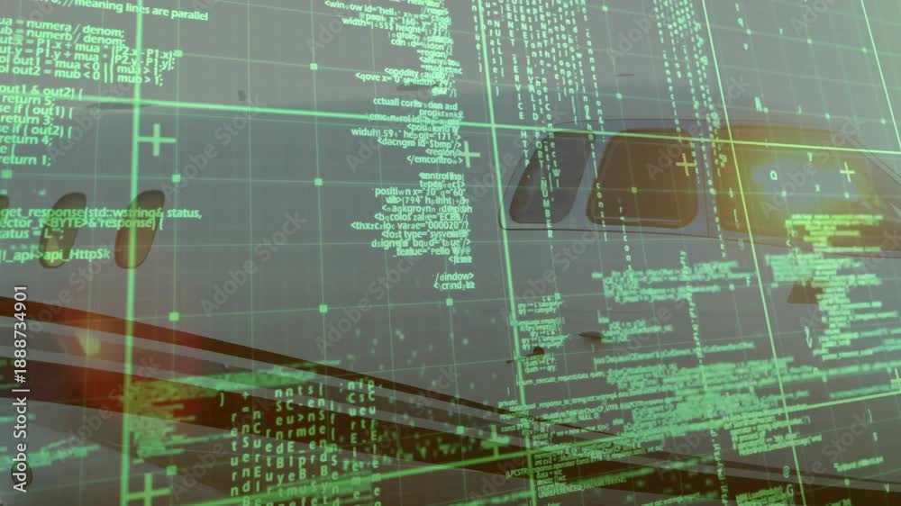 Digital grid initializing and scanning jet fuselage, scrolling code ...