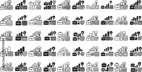 Business icons with graphs and charts and briefcases and lightbulbs on white background