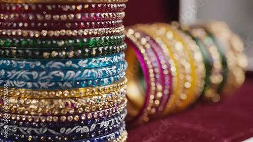 Stack Of Colorful Traditional Indian Bangles Adorned With Crystals In A Deep Red Velvet Box With Soft Bokeh Background And Warm Lighting