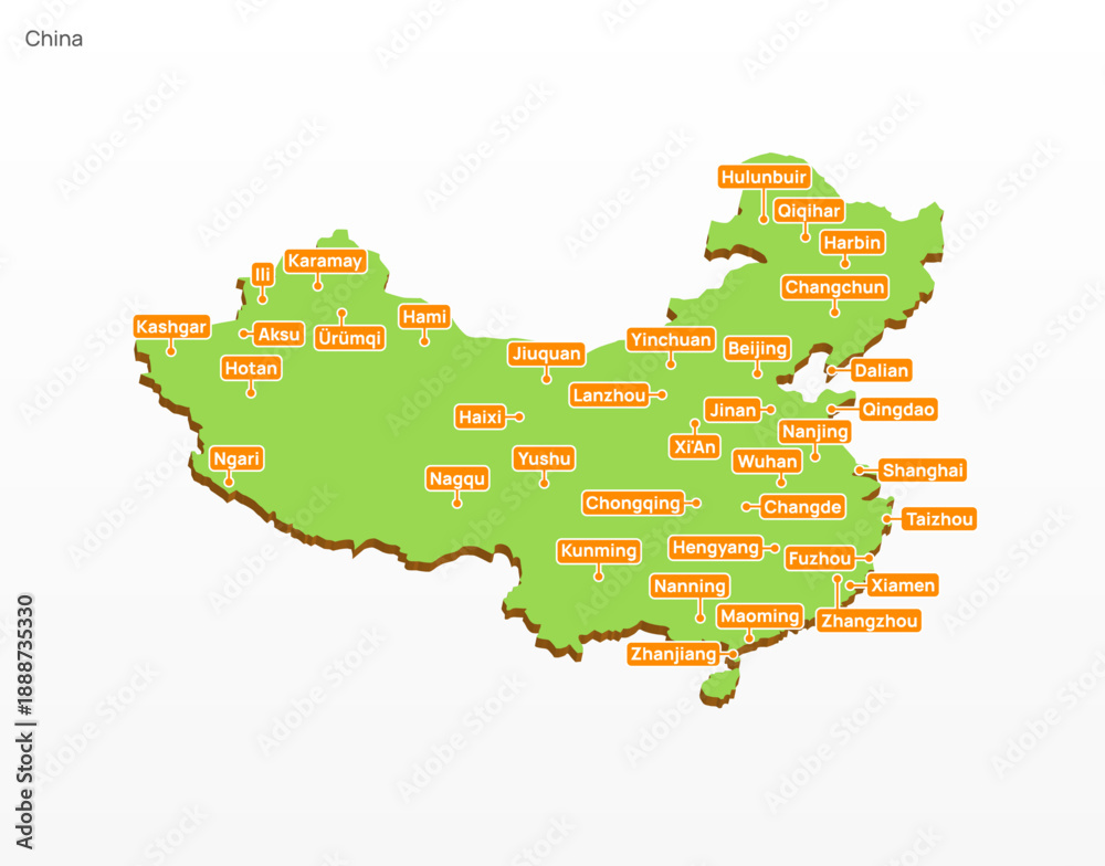 Obraz premium 3d vector illustration graphic green color geographical map of China with largest places shown