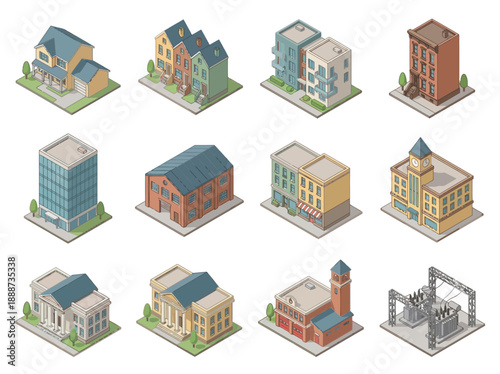 Set of Isometric Building Icons Including Residential Houses, Modern Apartments, Office Towers, Industrial Warehouse, and Municipal Structures for Urban Planning and Real Estate Infographics
