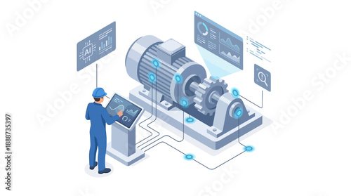 Isometric Smart Factory Illustration of an Engineer Monitoring an Industrial Electric Motor with Digital Dashboard for Industry 4.0 and IoT Automation