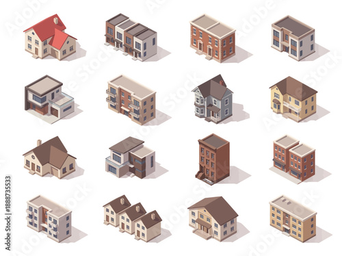 Isometric Residential and Commercial Building Set for Property Maintenance, Real Estate Development, and Urban Planning Map Assets