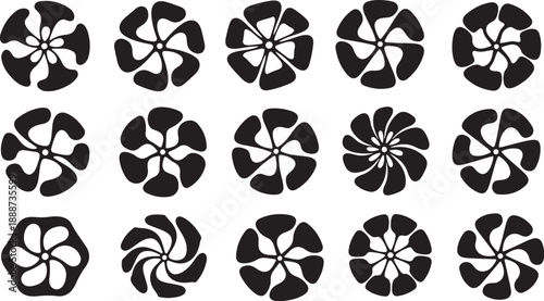 Black and white pinwheel shapes on a plain background