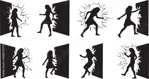 Silhouette of woman breaking through doors in various poses