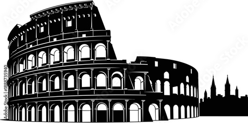 Black and white vector illustration of the Roman Colosseum landmark in Italy with a city skyline silhouette in background
