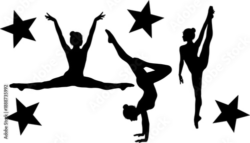 Set of black gymnast silhouettes performing acrobatic splits and handstands with decorative stars on a white background, isolated vector