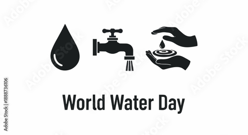 World Water Day Celebration Set Featuring Water Drop, Running Tap Faucet, and Hands Catching Water Icons