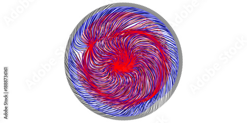 This abstract image showcases a swirling elliptical pattern of vibrant red and cool blue lines creating a dynamic and visually captivating composition high-quality.