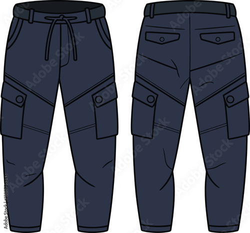 Dark cargo pants, front view, back view, drawstring waistband, belt loops, flap pockets, fashion CAD, garment sketch, apparel design, technical drawing, menswear basics, stitching detai