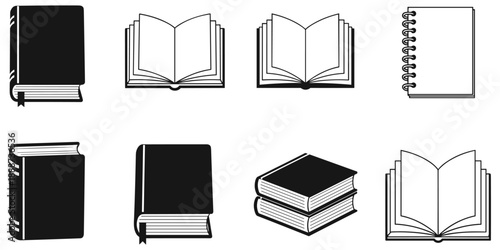 Book and Notebook Line Icons: Open and Closed Books, Spiral Notebook, Bookmark, Stack, Curved Spine, Minimalist Style, Black and White Educational Illustration