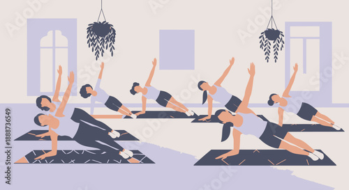 Group Fitness Class Performing Side Plank Exercise in Studio.