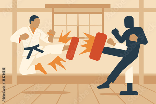 Karate Training - Man Practicing Kicks on a Dummy with Pads.