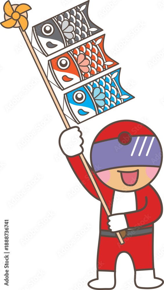Obraz premium こいのぼりを掲げる赤いヒーローキャラクター｜子どもの日イラスト素材