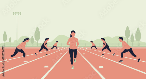 Runners on a track, one woman leading the race, vector illustration.