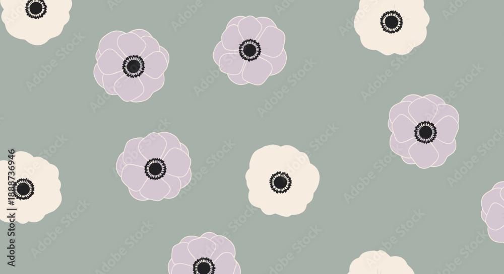 Fototapeta premium Seamless floral pattern with delicate anemone flower illustrations in pastel shades on a muted green background