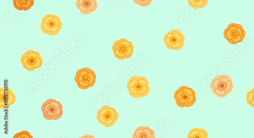 Delicate floral pattern featuring a repeating arrangement of warm-toned flowers on a soft mint green background