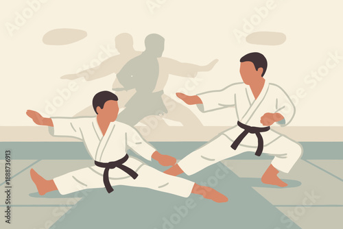 Two Karate Practitioners Training in a Dojo with Black Belts.