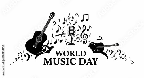World Music Day Celebration Set Featuring Acoustic Guitar Silhouettes, Microphone Icon, and Various Musical Notation Symbols