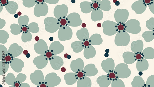 Beautiful floral pattern featuring blue flowers with dark red centers and scattered dots on a cream background.