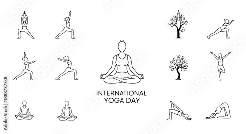 Yoga Day International Celebration Featuring Line Art Icons of Various Stretching Postures and Meditation Positions