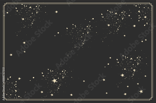 Starry night sky background with scattered stars and decorative rectangular frame on dark background. Vintage textured illustration with space pattern and empty center. Cosmic background and astronomy