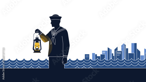 The Sailor and the Kerosene Lamp. Under a Peaceful Twilight Sky, a Sailor Stands by the Shore Holding a Glowing Kerosene Lamp, Gazing at the Distant City Skyline as Waves Gently Lap Against the Dock