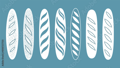 Minimalist white line art illustrations of different baguette bread styles arranged in a row on a solid blue textured background.