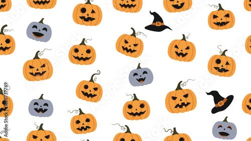 Cheerful halloween pattern with orange carved pumpkins having funny expressions purple and black witch hats on a white background.