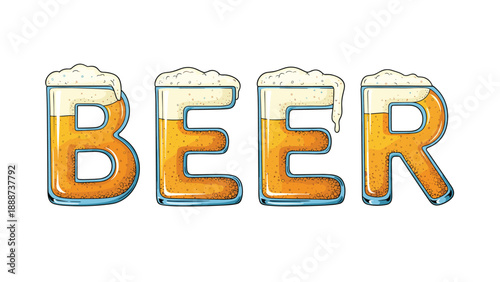 Creative typographic design where the word beer is spelled out using letter-shaped glass mugs filled with bubbly golden beverage.