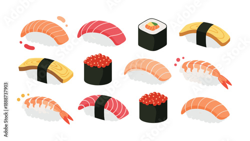 Wide variety of japanese sushi types including salmon nigiri tuna rolls egg sushi and shrimp displayed on a clean white background.