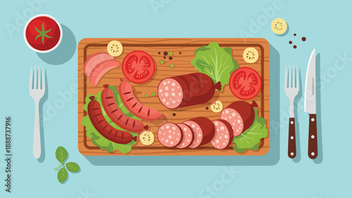 Appetizing charcuterie board featuring sliced sausages salami grilled sausages tomatoes and lettuce served on a wooden cutting board.
