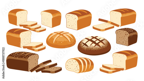 Assorted fresh bakery bread collection with whole loaves and pre-cut slices of white rye and whole wheat bread on white.