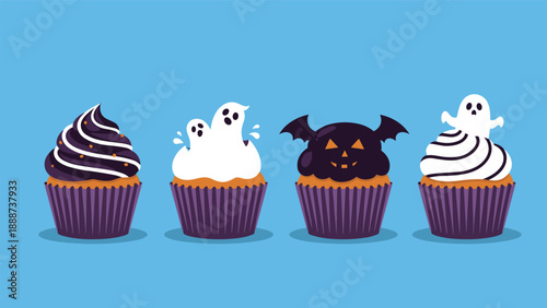 Set of four halloween themed cupcakes decorated with dark chocolate frosting ghosts bats and orange pumpkins on a blue background.