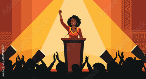 Black History Month inspired community speech by a Black woman, modern flat vector illustration celebrating leadership, empowerment, culture, and unity