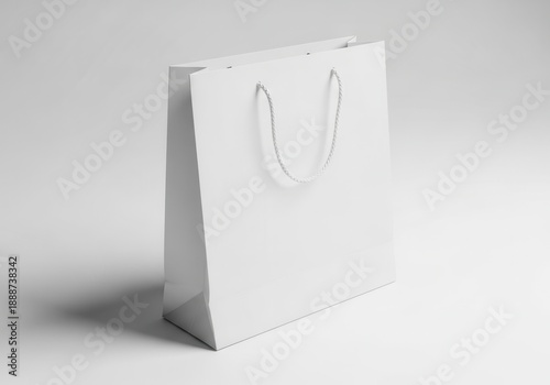 Plain white paper carrying receptacle with twisted cord handles positioned against a neutral background.