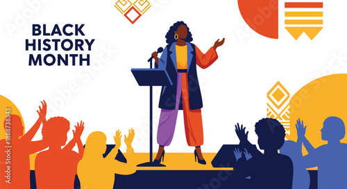 Black History Month inspired community speech by a Black woman, modern flat vector illustration celebrating leadership, empowerment, culture, and unity
