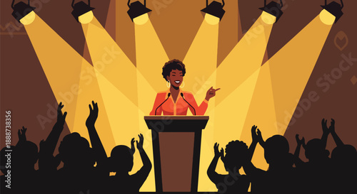 Black History Month inspired community speech by a Black woman, modern flat vector illustration celebrating leadership, empowerment, culture, and unity