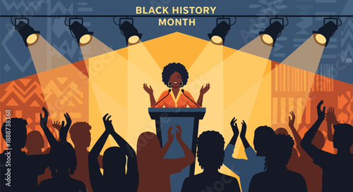 Black History Month inspired community speech by a Black woman, modern flat vector illustration celebrating leadership, empowerment, culture, and unity