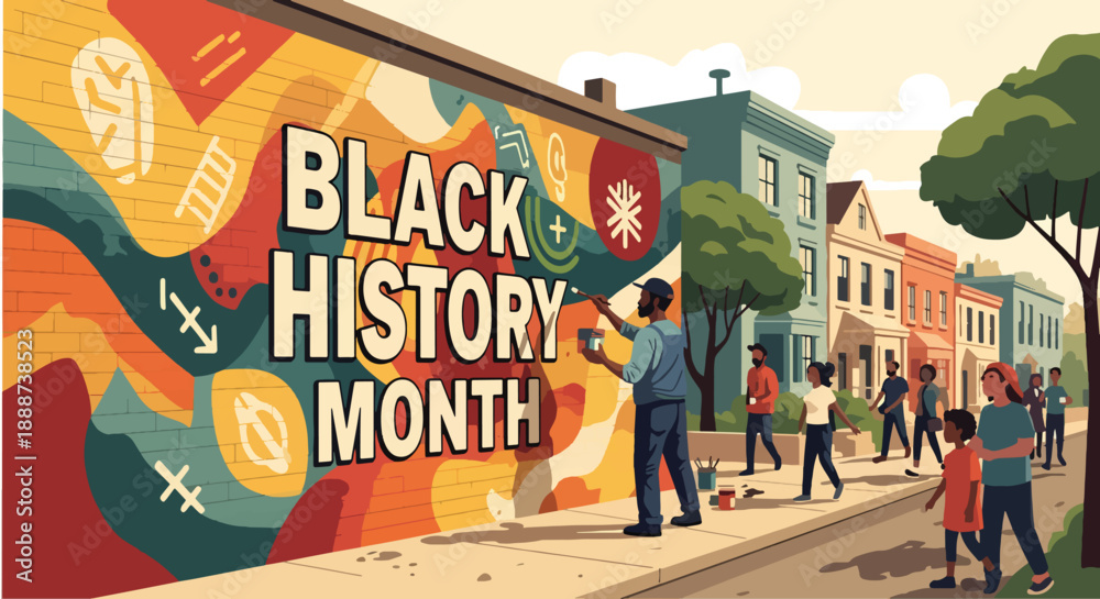 Fototapeta premium Black History Month inspired mural painting scene, modern flat vector celebrating Black creativity, heritage, identity, and community expression