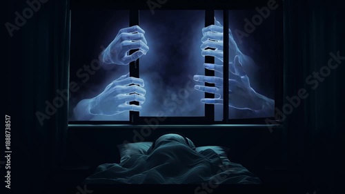 4K cinematic horror scene, person sitting up bed, dark bedroom, stormy night outside window, ghostly semi-transparent hands mirror paranormal spectral glow, hands pressing glass haunting nightmare