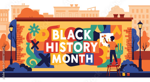 Black History Month inspired mural painting scene, modern flat vector celebrating Black creativity, heritage, identity, and community expression