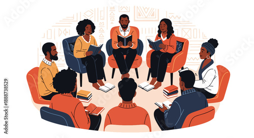 Black History Month community book club in modern flat vector style, celebrating Black stories, culture, learning, and shared heritage