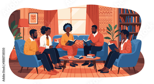 Black History Month community book club in modern flat vector style, celebrating Black stories, culture, learning, and shared heritage