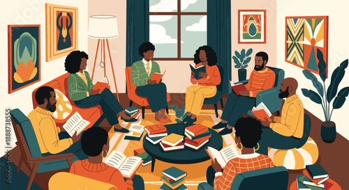 Black History Month community book club in modern flat vector style, celebrating Black stories, culture, learning, and shared heritage