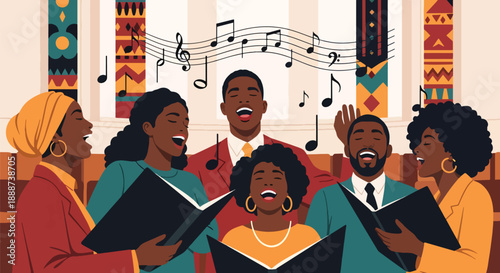 Black History Month choir performance in modern flat vector style, celebrating Black musical heritage, unity, and cultural expression